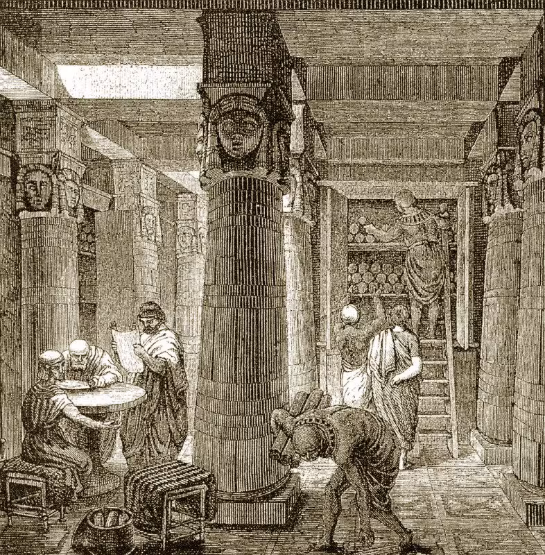 una ricostruzione dell’interno della biblioteca di Alessandria